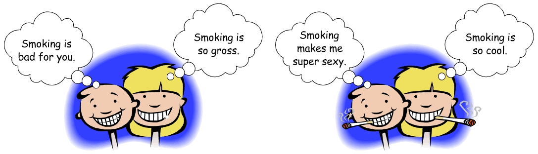 Two cartoons demonstrating attitudes towards smoking.
