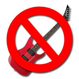 A sign prohibiting electric guitars, with a white background.