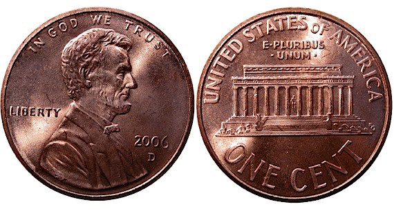 The Abraham Lincoln cent is shown on a white background.