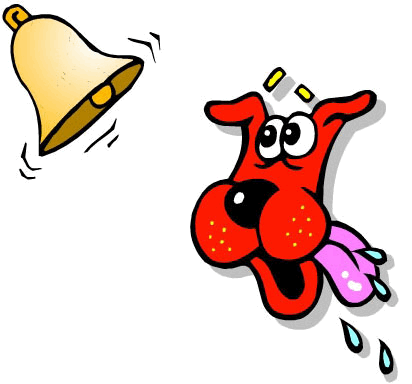 A red dog with a bell in his mouth, conditioned to respond to the sound.