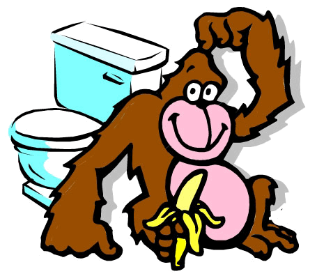 An orangutan sitting next to a toilet.