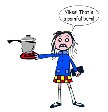 A cartoon girl displaying contingency-shaped behavior reacts with "yikes" to a painful burn while holding a pot.