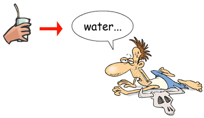 A cartoon of a man holding a bottle of water.