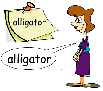 A woman is standing next to a note with the words alligator.