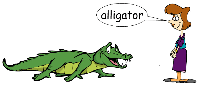 An alligator is standing next to a woman in a 10.6 thematic control example #2.