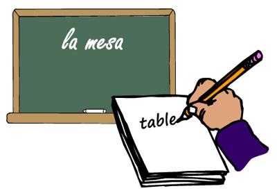 A person writing on a blackboard with the word "la mesa".