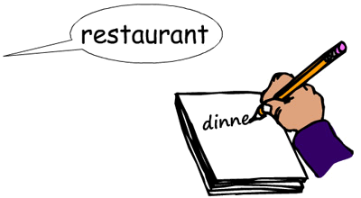 A hand writing the word restaurant.