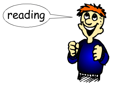 A cartoon boy with a speech bubble that says reading.
