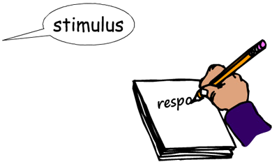 A hand writing the word stimulus with a speech bubble for 16.6 Intraverbal Example #2.