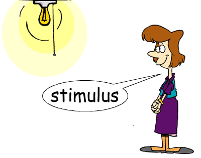 A cartoon woman standing next to a light bulb with the word stimulus, representing an intraverbal non-example.