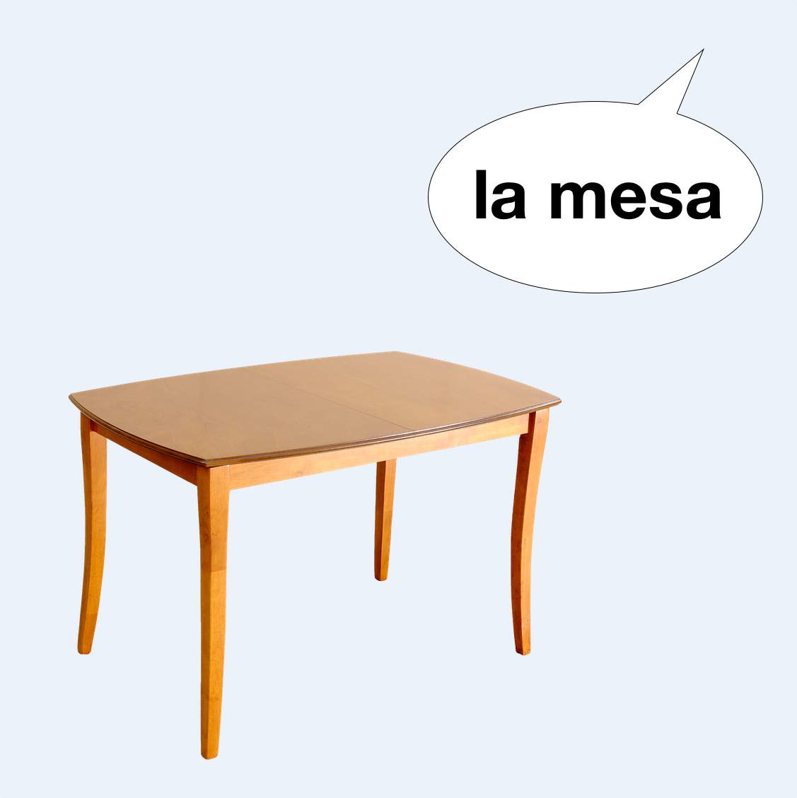 A table with a speech bubble that says la messa for an audience.