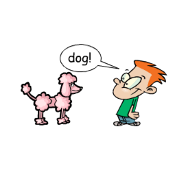 A boy is communicating with a pink poodle using a speech bubble.