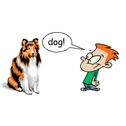A boy is communicating with a dog using a speech bubble in a 24.2 Generic Extension Example #1.