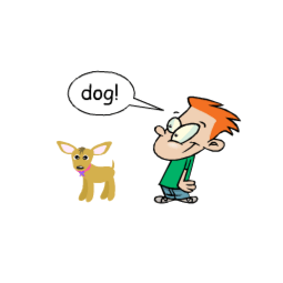 A boy and a dog in a cartoon with a speech bubble.