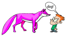 A cartoon of a boy talking to a pink fox with striking differences.