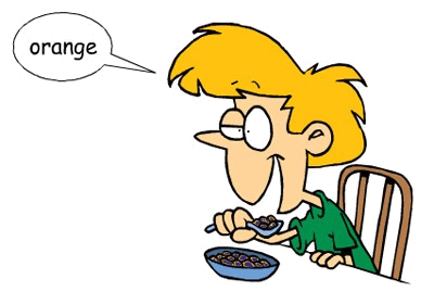 A boy is eating orange cereal with a speech bubble, showcasing a metonymical extension.