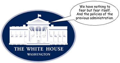 The white house logo with a speech bubble, showcasing a metonymical extension.