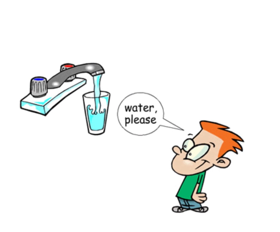 A cartoon boy requesting water from a faucet.
