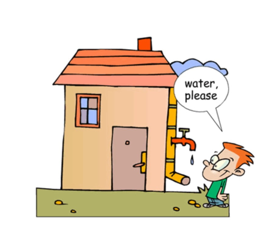A cartoon boy standing in front of a house with a sign saying water please, serving as an example for 27.4 Mand Extension.