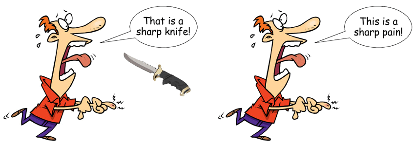 A cartoon character showcases the sharp point of a knife.