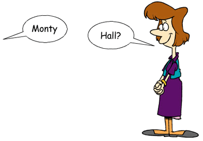 A cartoon of a woman with speech bubbles that say monty and halley, providing supplementary stimulation for viewers.