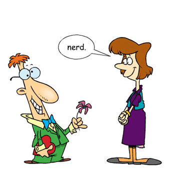 A cartoon man giving a gift to a woman with the words nerd, showcasing a weak operant response.