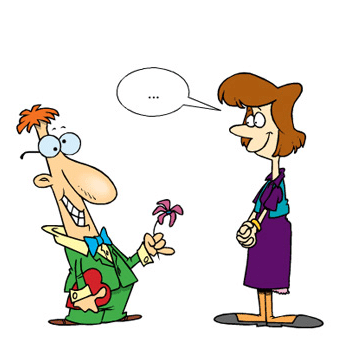 A cartoon man timidly handing a woman a flower.