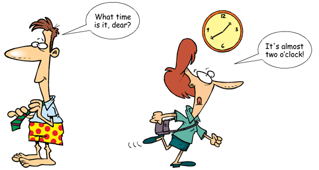 A cartoon of a man and a woman with a distorted clock.