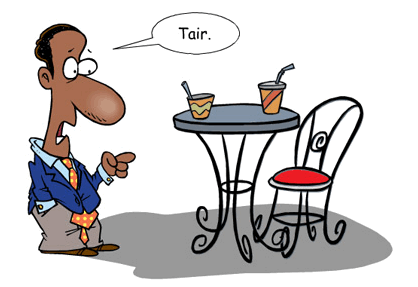 A cartoon of a man sitting at a table with a drink, illustrating the concept of blend.