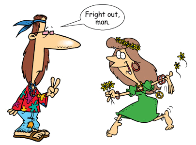 A cartoon of a man and a woman with the words fright out man. This illustration showcases the 40.2 Word Blend technique, blending and incorporating phrases to create a humorous visual composition.