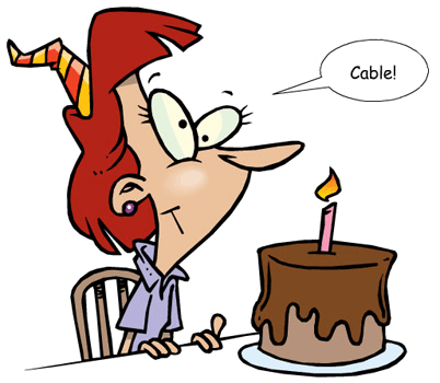 A cartoon woman blowing out a birthday cake candle.