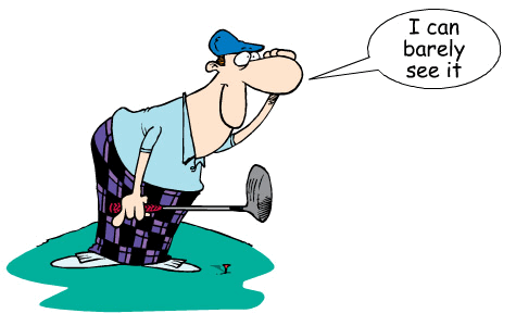 A cartoon of a man holding a golf club and using the autoclitic, saying "I can barely see it.
