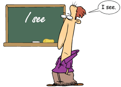 A cartoon man standing in front of a blackboard with the words "i see," demonstrating an Autoclitic Tact.