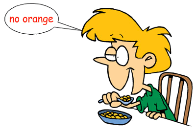 A boy eating a bowl of cereal while stating "no orange" in a speech bubble.