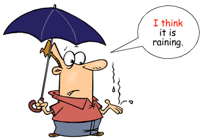 A cartoon man holding an umbrella with a speech bubble saying i think it is raining. This example showcases the use of autoclitic tact.