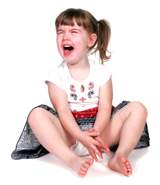 A little girl is sitting on the floor, crying and displaying visible distress.
