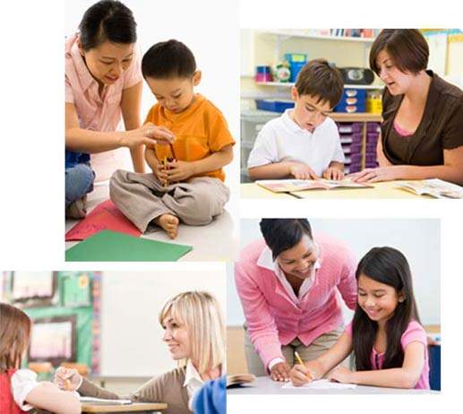 A collage of pictures of children engaged in discrete trial teaching in a classroom setting.