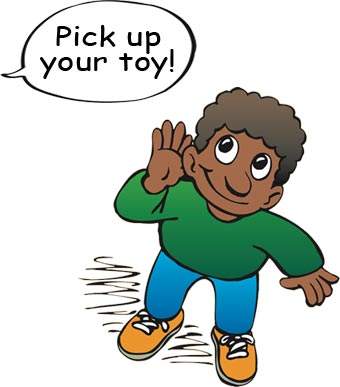 A cartoon of a boy with a speech bubble that says pick up your toy, demonstrating Discrete Trial Teaching.
