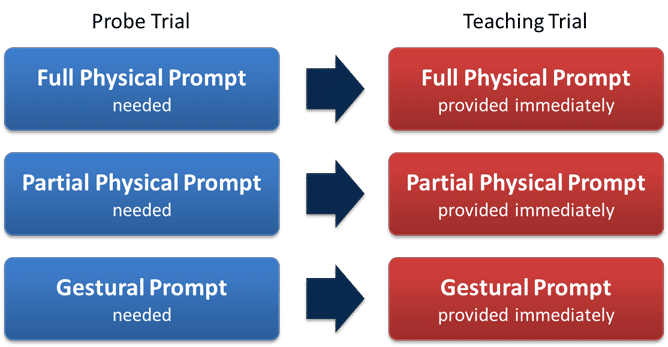 A diagram illustrating the stages of a physical prompt during teaching trials.